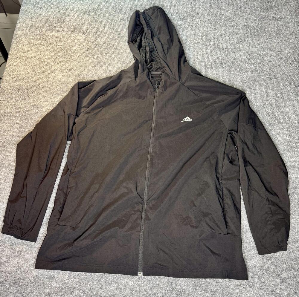 Adidas Jacket Mens 2XL Black Hooded Full Zip Windbreaker Lightweight Running